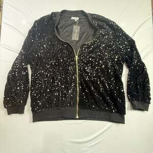 IN'VOLAND Women's Plus Size Sequin Bomber Jacket Black 20W